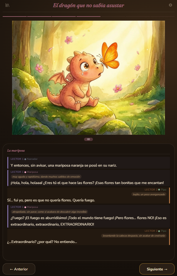 Captura real de la app: cuento El dragón que no sabía asustar, en español, tema oscuro