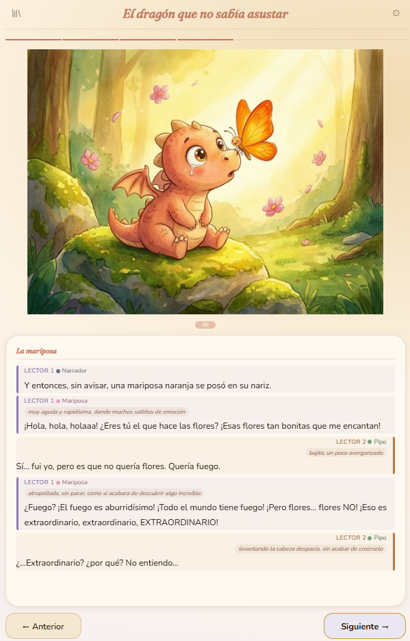 Captura real de la app: cuento El dragón que no sabía asustar, en español, tema claro